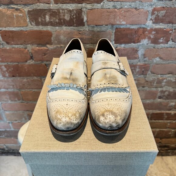Church's Monk Strap Kiltie Wingtip Brogue Shoes – Distressed White Leather - Picture 2 of 6
